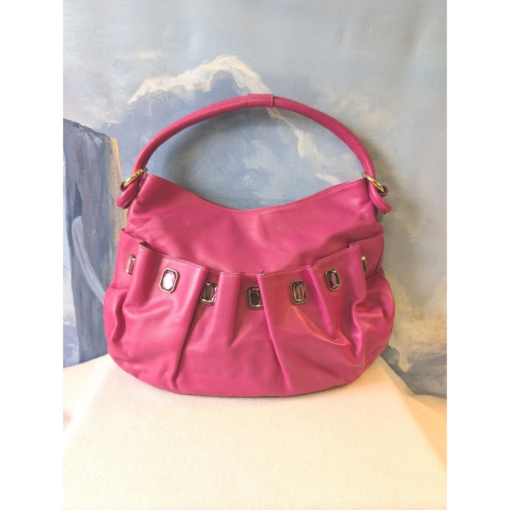 New! Braccialini Italian Leather Embellished Handbag In Fushia